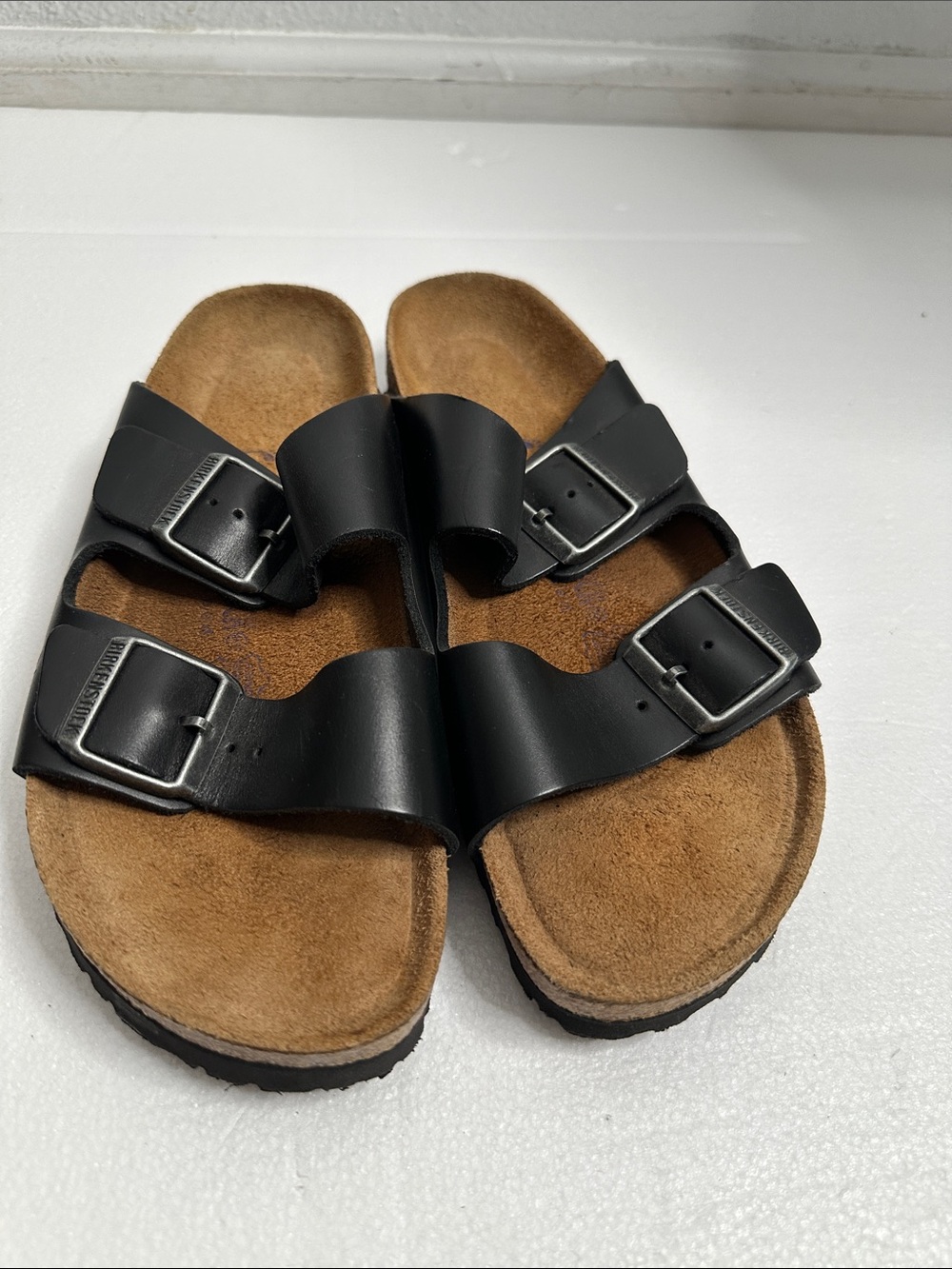 Birkenstock Black Double-Buckle Sandals with Tan leather Footbed size 40